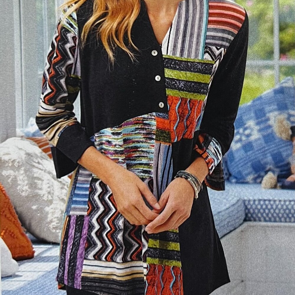North Style Pieced Black and Multi-Print Tunic